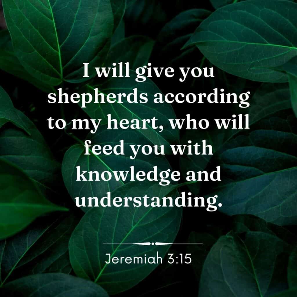 The text of Jeremiah 3:15 with green leaves as a background, Inspirational Words for Pastor Appreciation at Church Ministry Help