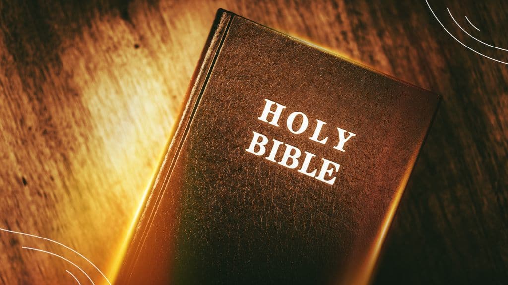 printable read the bible in a year plan (1) picture of holy Bible on wooden surface with light shining on it.